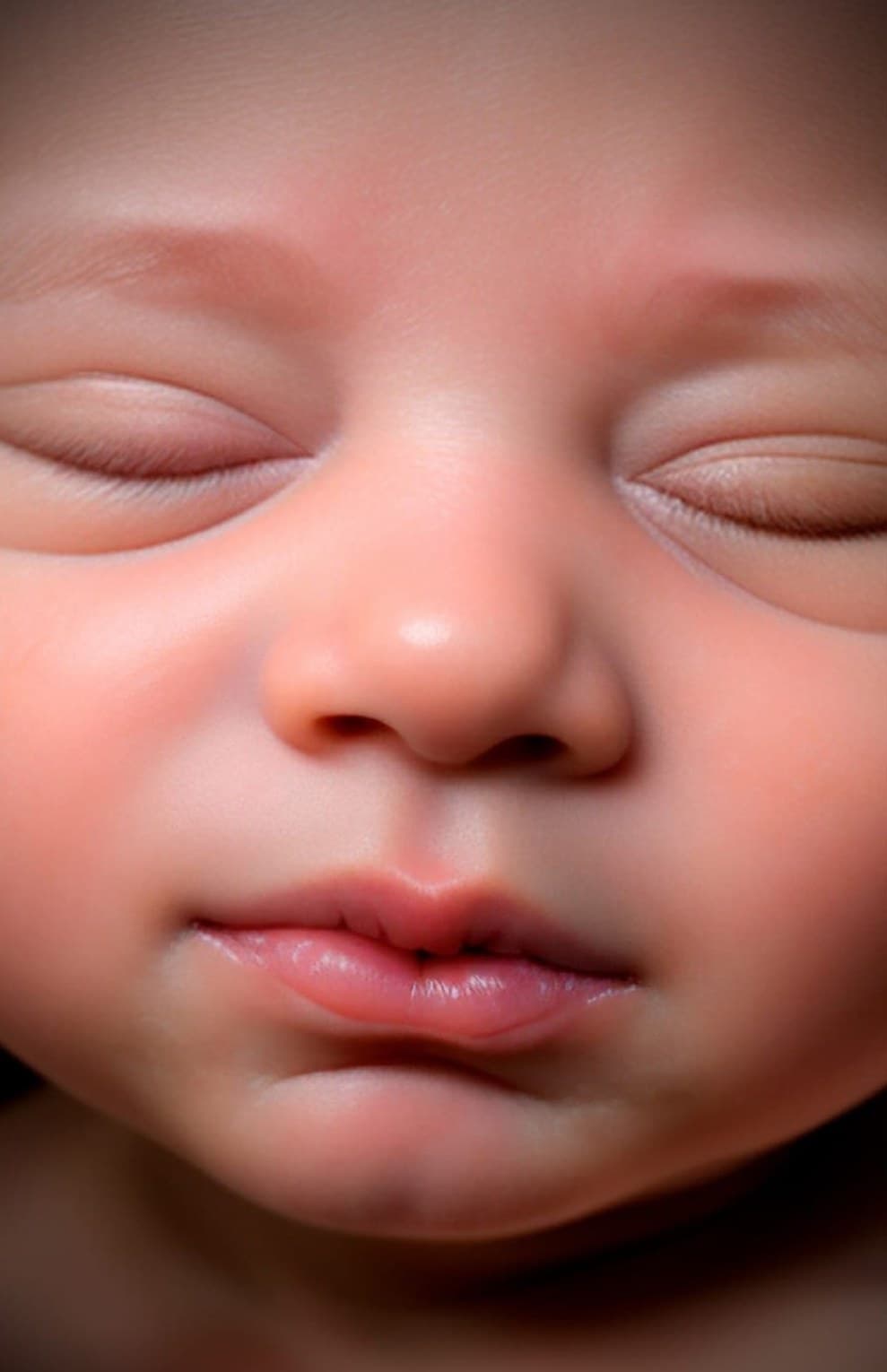 8K hyperrealistic keepsake image of a sleeping baby's face with closed eyes and soft pink lips