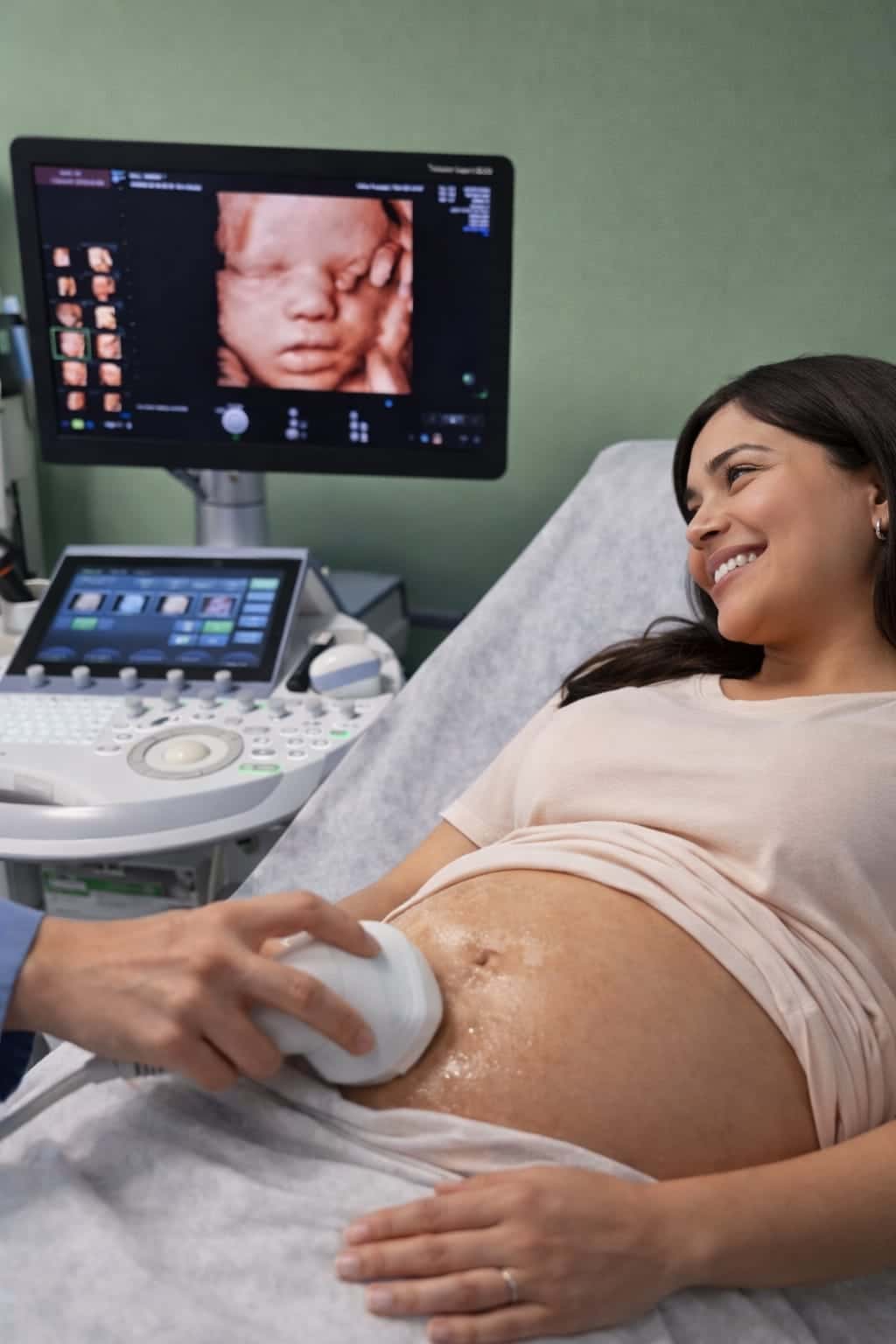 Woman smiling during a 3D ultrasound at Video Prenatal